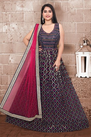 Navy Blue And Rani Pink Georgette Designer Gown